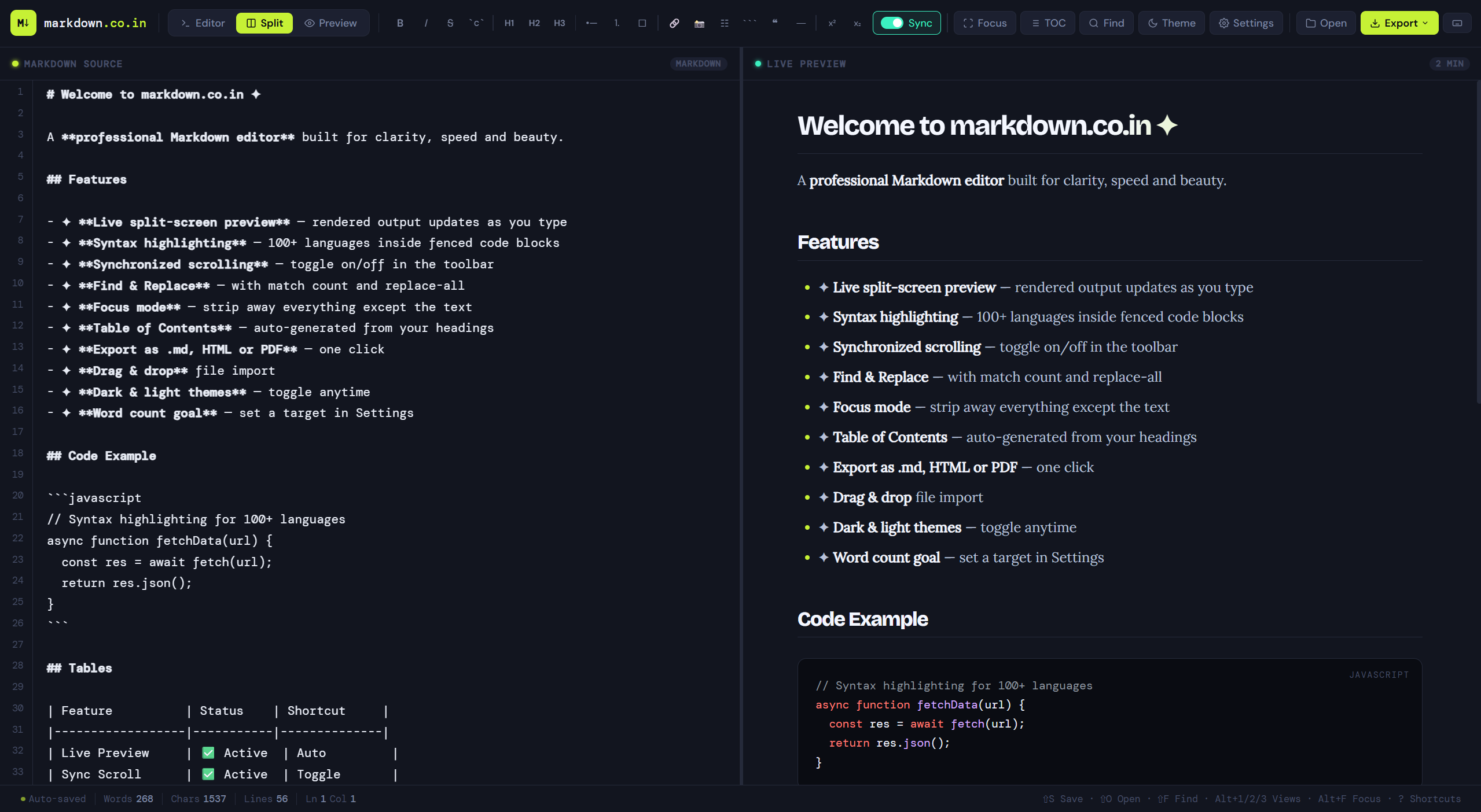 Free online markdown editor with live split-screen preview in light mode